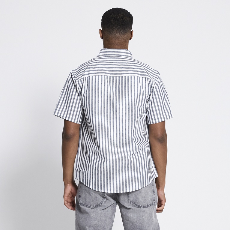 Short sleeve linen blend shirt "Isak Stripe" Dark Blue